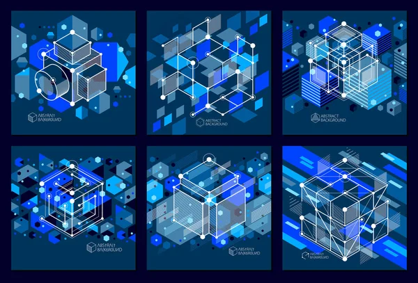 Líneas Formas Abstracto Vector Isométrico Azul Fondos Negros Conjunto Esquema — Archivo Imágenes Vectoriales