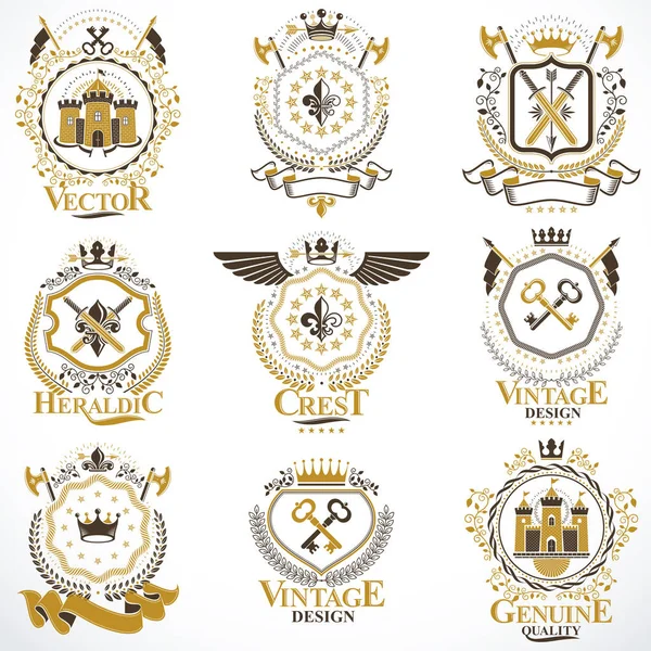 Геральдические Векторные Знаки Украшенные Старинными Элементами Коронами Монархов Религиозными Крестами — стоковый вектор