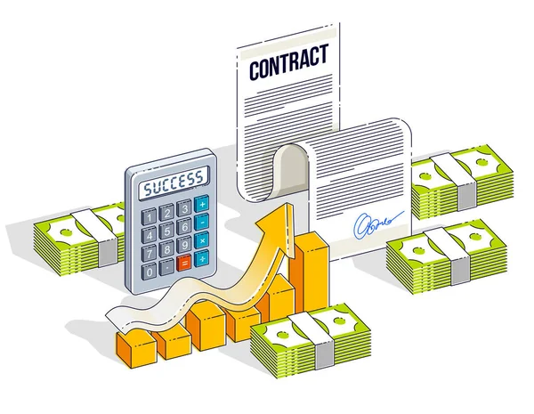 Conceito Contrato Financeiro Documento Papel Pilhas Dinheiro Dinheiro Com Calculadora —  Vetores de Stock