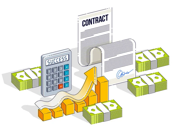 Concepto Contrato Financiero Documento Papel Dinero Efectivo Apilados Con Calculadora — Archivo Imágenes Vectoriales