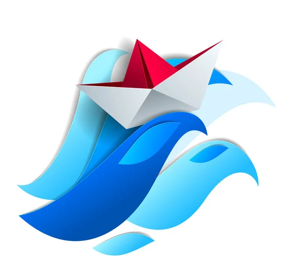 Origami Papierschiff Spielzeug Schwimmt Auf Riesigen Meereswellen Dramatische Vektorillustration Stürmischen — Stockvektor
