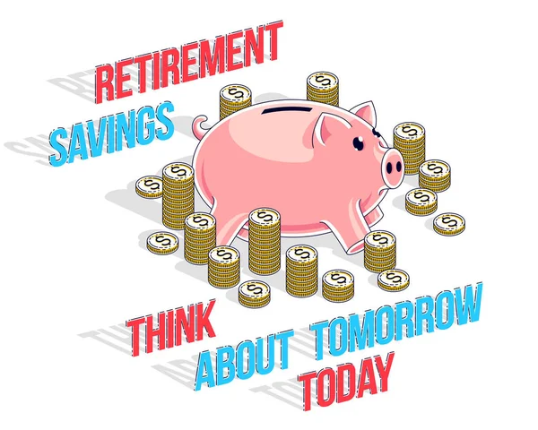 Nyugdíj Megtakarítási Koncepció Aranyos Piggy Bank Készpénz Pénz Dollár Stack — Stock Vector
