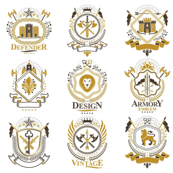 Vintage Decorative Heraldic Vector Emblems Composed Elements Eagle Wings Religious — Stock Vector