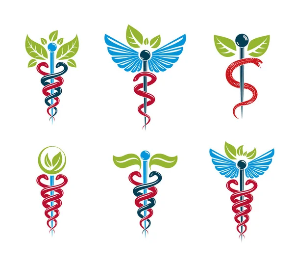 医療で使用するための緑の葉や鳥の羽で構成されるカドゥケウスのシンボル イスキュラピウスベクトル抽象的なイラストコレクション — ストックベクタ