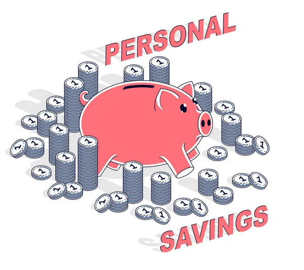 個人貯蓄の概念 セントで貯金コイン 白い背景で隔離のスタックです 等尺性ベクトルのビジネスと金融の図では の薄いライン設計します — ストックベクタ