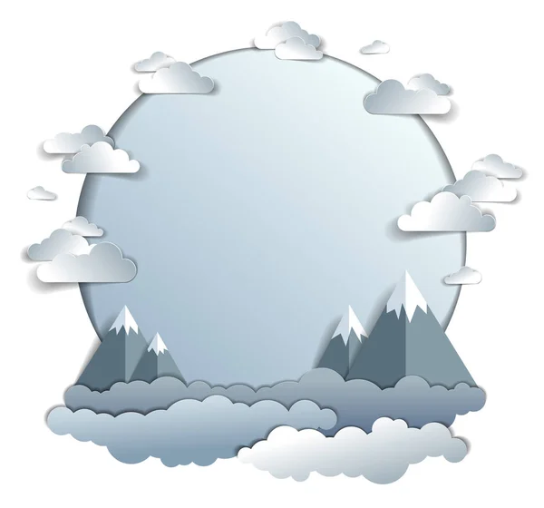 High mountain peaks range scenic landscape of summer with clouds in the sky, frame or border with copy space, paper cut style childish illustration, holidays, travel and tourism theme.