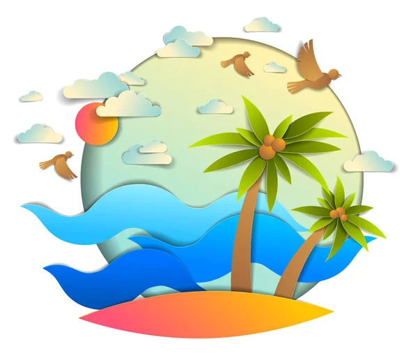 Красивый Морской Пейзаж Морскими Волнами Пляжем Пальмами Птичьи Облака Солнце — стоковый вектор
