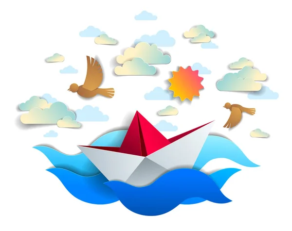 Nave Carta Che Nuota Onde Marine Origami Barca Giocattolo Piegato — Vettoriale Stock