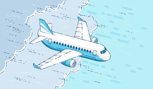 Plan Passagerare Trafikflygplan Flyger Himlen Omgiven Moln Vacker Tunn Linje — Stock vektor