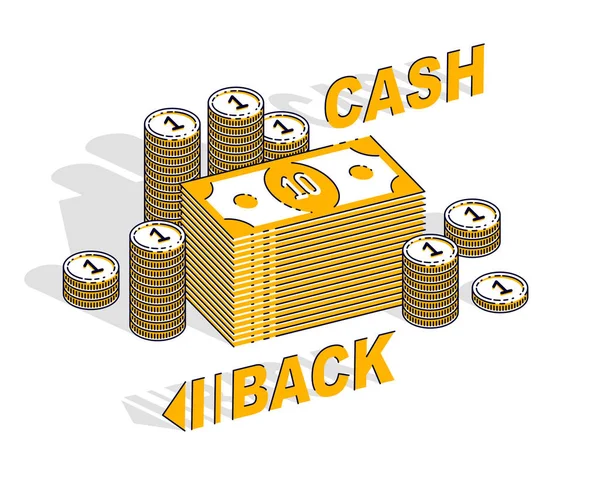 Cash Back Koncepció Cash Money Dollár Halom Centes Érmék Cölöpök — Stock Vector