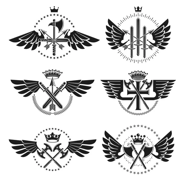 Vintage Weapon Emblems Set Heraldic Signs Vector Vintage Elements Collection — Stock Vector