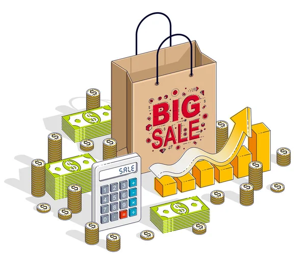 Big Sale Concept Retail Sellout Shopping Bag Cash Money Stacks — Stock Vector