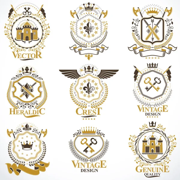 Heraldische Vector Tekenen Versierd Met Vintage Elementen Monarch Kronen Religieuze Rechtenvrije Stockvectors