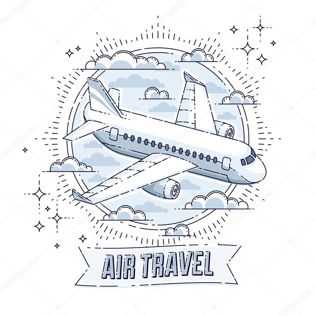 Airlines air travel emblem or illustration with plane airliner and round shape. Beautiful thin line vector isolated over white background.