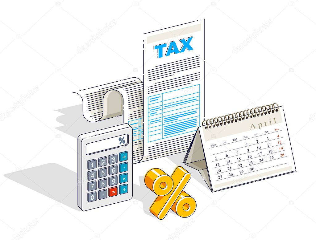 Taxation concept, tax form or paper legal document with and calendar opened on April month isolated on white background. Isometric vector business and finance illustration, 3d thin line design.