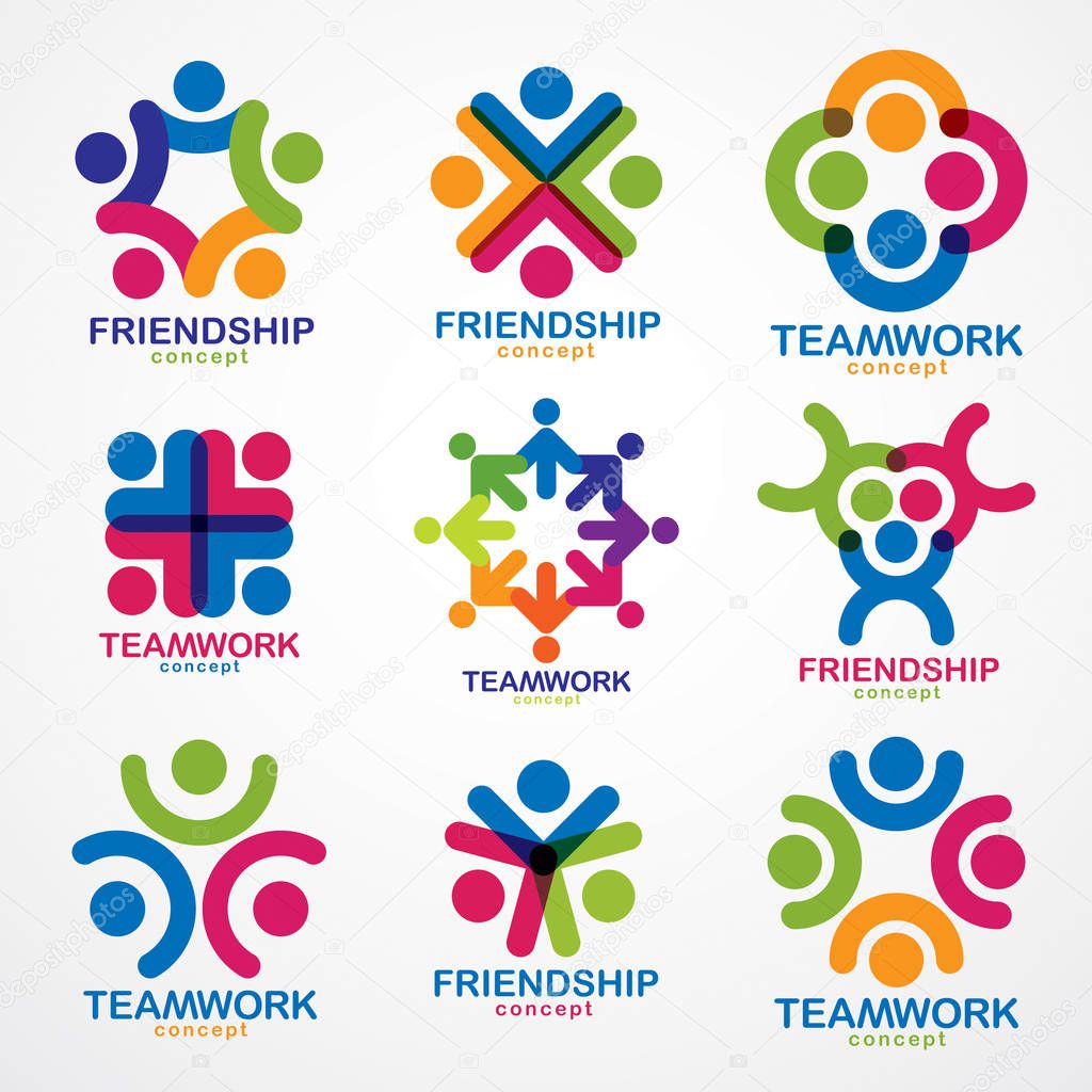 Teamwork and friendship concepts created with simple geometric elements as a people crew. Vector icons or logos set. Unity and collaboration ideas, dream team of business people colorful designs.
