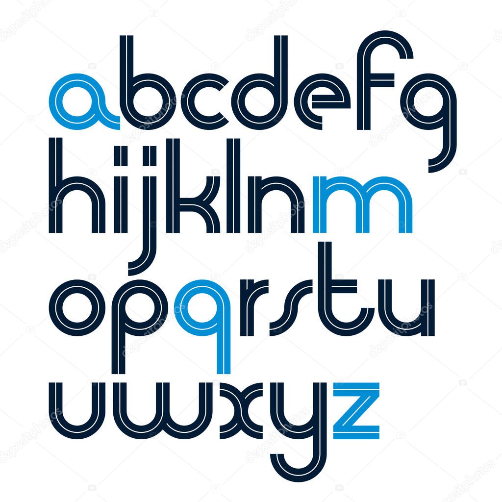 Set of vector rounded lower case English alphabet letters with white stripes, best for use in corporate logotype design.