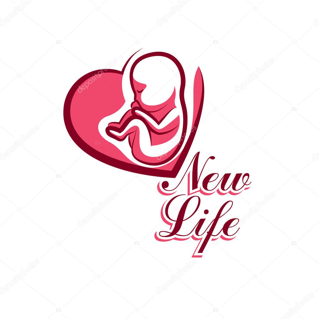 Vector embryo emblem placed in a heart shape. New life beginning drawing. Medical rehabilitation and childcare center emblem