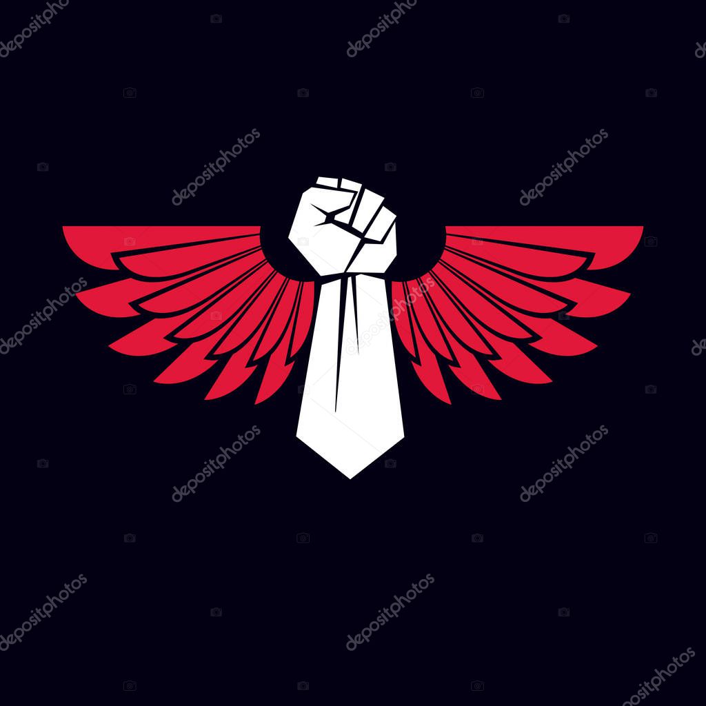 Vector symbol created using clenched fist of athletic strong man and eagle wings. Sport team emblem.