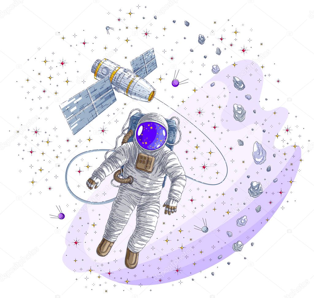 Astronaut went out into open space connected to space station, spaceman floating in weightlessness and iss spacecraft surrounded by asteroids, stars and planets. Vector illustration isolated.