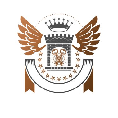 Eski Fort amblemi. Hanedan arması dekoratif logo vektör illüstrasyon izole. Beyaz arka plan üzerinde eski tarzı antika logo.