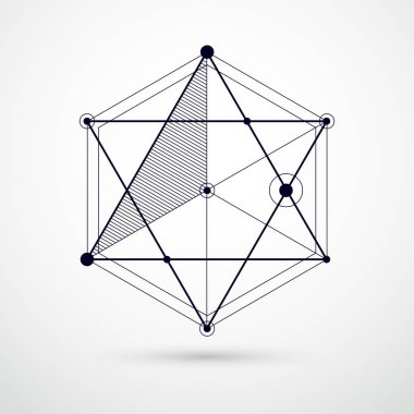 Basit geometrik şekiller, semboller, sanat siyah ve beyaz arkaplanlı soyut vektör bileşimi. Teknik plan, grafik ve web tasarımı için soyut mühendislik taslağı. 
