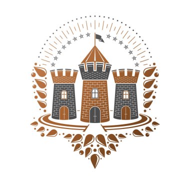 Antik Fort amblemi. Heraldic Coat of Arms dekoratif logosu izole edilmiş vektör çizimi. Beyaz arkaplanda eski tarzda Retro logotype.