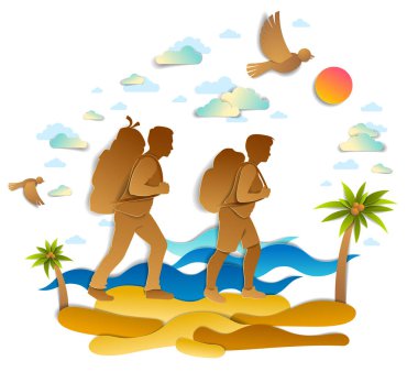 Happy active couple hiking through sea beach with palms and sea waves in background, birds in the sky. Boyfriend and girlfriend hikers having time of rest in nature, summer holidays, vector.