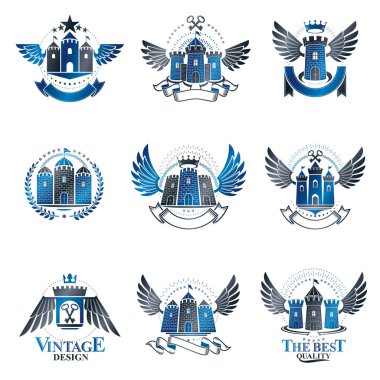 Antik Kale amblemleri yerleştirildi. Arms dekoratif logoları Heraldic Coat izole edilmiş vektör çizimleri koleksiyonu.
