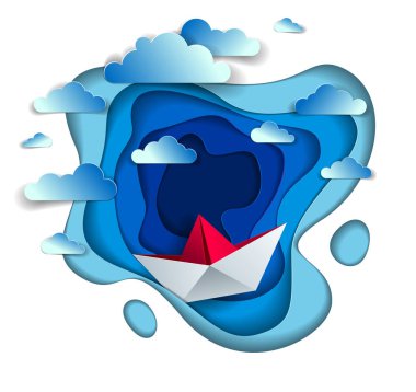 Origami kağıt gemi oyuncak yüzme okyanus dalgalarının içinde deniz ve bulutlar gökyüzünde yüzen oyuncak tekne ile doğal deniz manzarası güzel vektör çizim. Su seyahat, yaz tatili.   