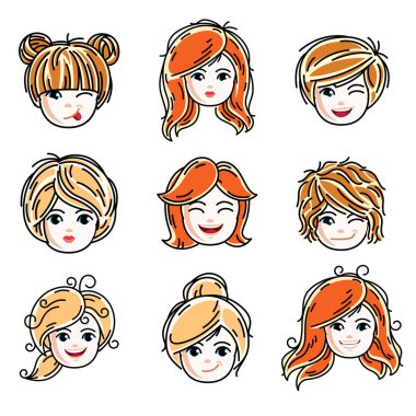 Sevimli gülümseyen kız yüzleri olumlu duygular, vektör insan kafa çizimler ifade topluluğu. Kızıl ve sarışın genç kızlar ile güzel bir yüzü, clipart kümesi.