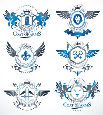 Ortaçağ kaleleri, cephanelik, vahşi hayvanlar, imparatorluk tacları gibi tasarım elementleriyle yaratılmış vektör retro vintage işaretler. Arma koleksiyonu..