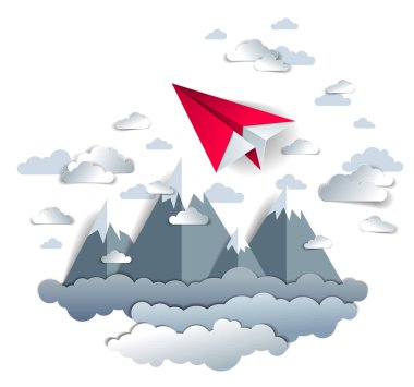 Dağ doruklarına, doğal doğa manzara oyuncak jet ile mükemmel vektör çizim üzerinde gökyüzünde uçan origami kağıt uçak oyuncak almak dağ silsilesi, havayolları air seyahat Tema. 