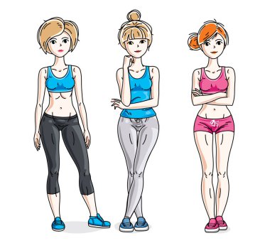 Mutlu sevimli genç kadınlar ayakta şık giyim spor giyim. Güzel insanlar çizimler vektör kümesi. Kusursuz bir beden ile ince kadın. Yaşam tarzı tema fem karakterler.