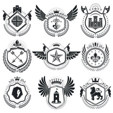 Hanedan Amblemler izole vektörel çizimler. Vintage tarzı sembollerde topluluğu.