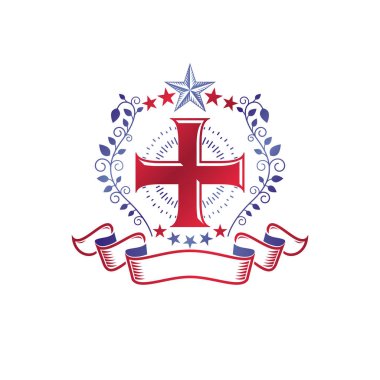 Dini vintage amblemi pentagonal yıldız ve çiçek süsleme, Hıristiyan çarmıha kullanarak oluşturdu. Hanedan arması, Tanrı'nın Glory vektör logosu. 