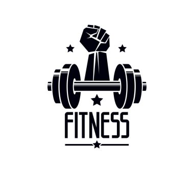 Spor salonu ve fitness logo şablonu, retro tarzı vektör amblemi. Halter ve güçlü el yumruk ile.