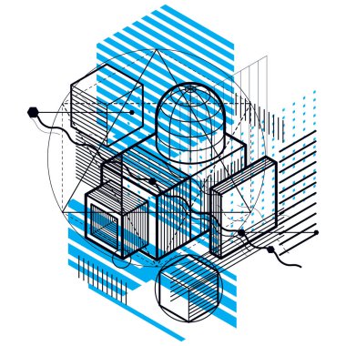 İzometrik soyutlama hatları ve farklı öğeleri, vektör arka plan. Kompozisyon küpleri, Altıgenler, kareler, dikdörtgenler ve farklı soyut öğeler.