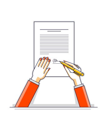Bir sipariş veya yönergesi iş kadın işaretleri sözleşme resmi basılı belgeyi mühür, Bayan patron ile işaretler, onaylama elden çıkarma, Ceo Yöneticisi Şef, kadın eliyle kağıda üstten görünüm. Vektör çizim.