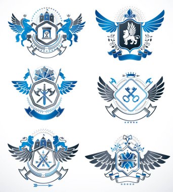 Hanedan vintage vektör öğeleri, kuş kanatları, hayvanlar, kuleleri, kron ve yıldız ile oluşturulan arması. Klas sembolik Amblemler koleksiyonu, vektör set.