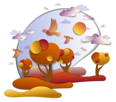 Çayırlar ve ağaçlar, kuşlar ve güneş, bulutlu gökyüzü manzara sonbahar manzara sonbahar alanları ve otlaklar kağıt kesme çocuklar tarzı illüstrasyon vektör. Sonbahar kırsal, seyahat ve Turizm.