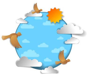 Kuşlar güzel bulutların arasında uçuyor ve gökyüzünde güneş var, yaz rahat ve huzurlu bir duygu, kağıttaki vektör çizimi çocukların tarzını kesiyor..