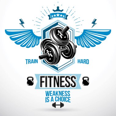 Vektör grafik işareti disk ağırlık Dambıl ile oluşturulan kanatlı ve su ısıtıcısı çan elbiseler ve donatım. Spor salonu ve fitness amblemi şablonu