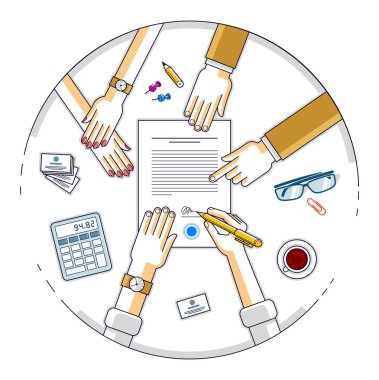 İşadamı sözleşmeli kağıt belgesini imzalar veya banka müşterisi finansal kredi formuna bir işaret yazar ve çalışanlar ona yardım eder ve kredi şartlarını, insanların ellerinin üst görünümünü açıklar. Vektör.
