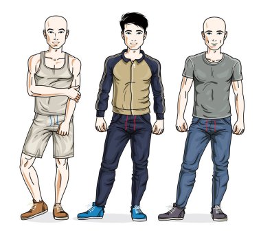 Emin yakışıklı erkekler şık spor, sporcu ve fitness insanlarda poz. Güzel insanlar çizimler vektör kümesi.