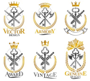 Vintage Silah Amblemleri ayarlandı. Vintage vektör tasarım elemanları koleksiyonu. Retro biçim etiketi, heraldry.