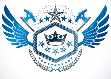 Vintage Ödülü tasarım, kanatlı Hanedan Arması. Royal crown, yıldız ve antik baltaları kullanılarak oluşturulan vektör amblemi