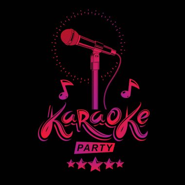 Mikrofon ses cihazı müzik notaları ile oluşan karaoke parti reklam ve gece kulübü diskotek davet poster için vektör amblem olarak kullanılabilir.