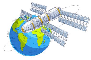 Uzay İstasyonu çevresinde Dünya, uzay gemisi uzay gemisi ISS ile güneş panelleri, yapay uydu yörünge uçuş uçuş. İnce çizgi 3d vektör çizim.