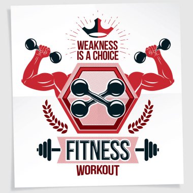 Fitness Merkezi pazarlama afiş. Atletik sporcu pazı silah fitness dumbbells spor ekipmanları ile oluşturulmuş vektör kompozisyon. Bir seçim yazı zayıflıktır.